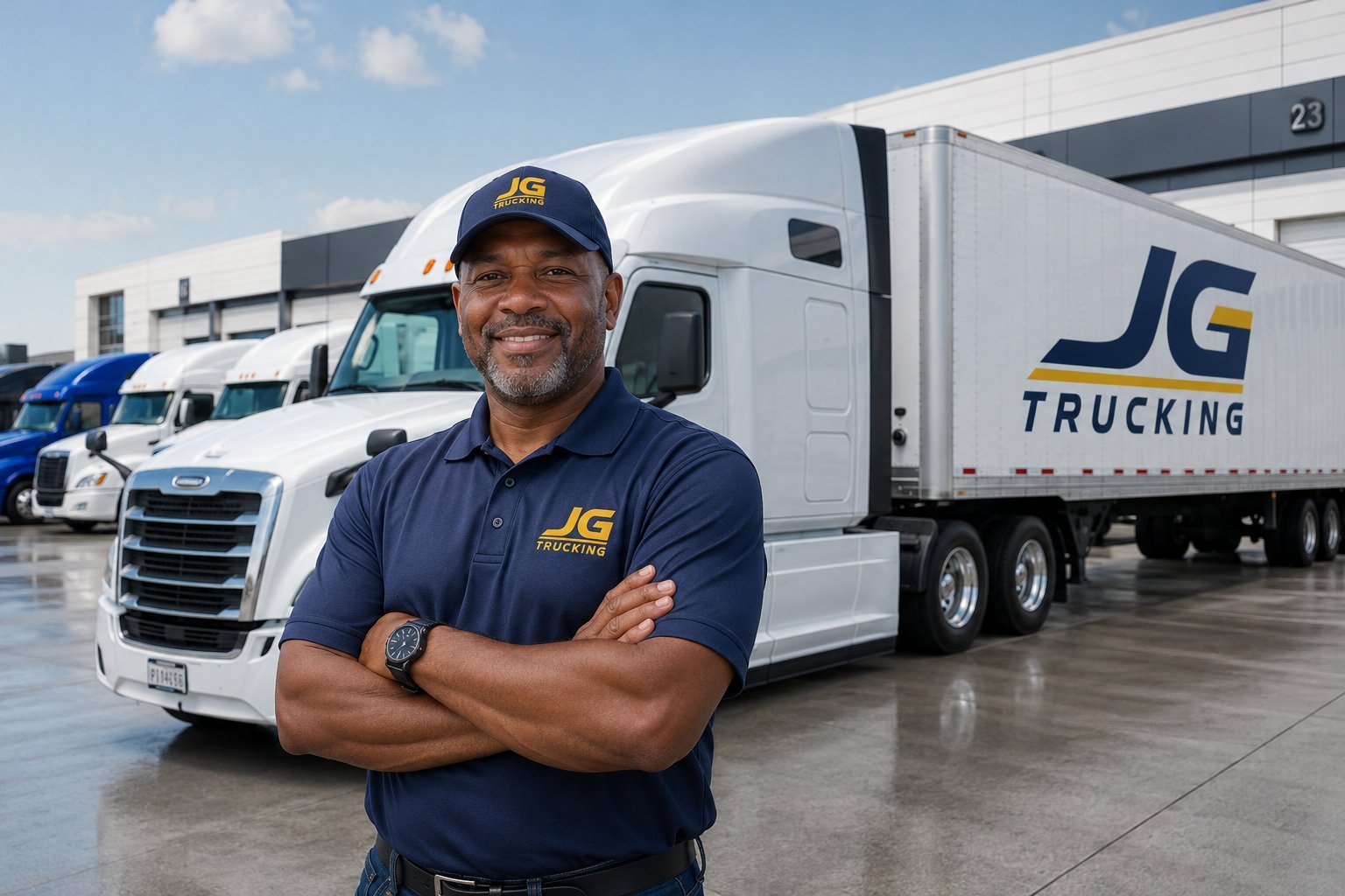 Jerry, owner of JG Trucking, standing in front of his fleet